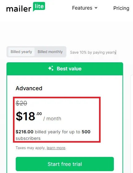 mailerlite 10 percent off offer.webp