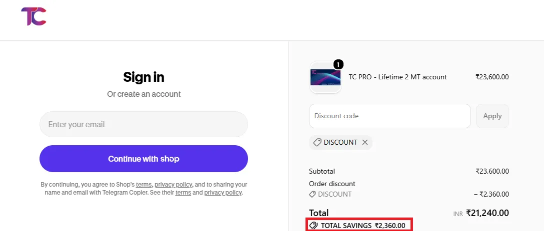Telegram Copier 10% off discount coupon code