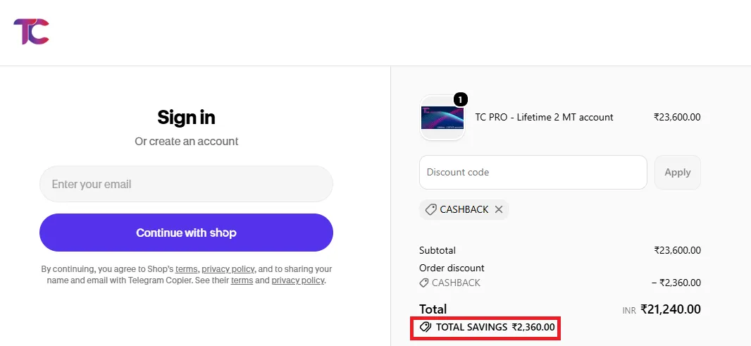 Telegram Copier working coupon code